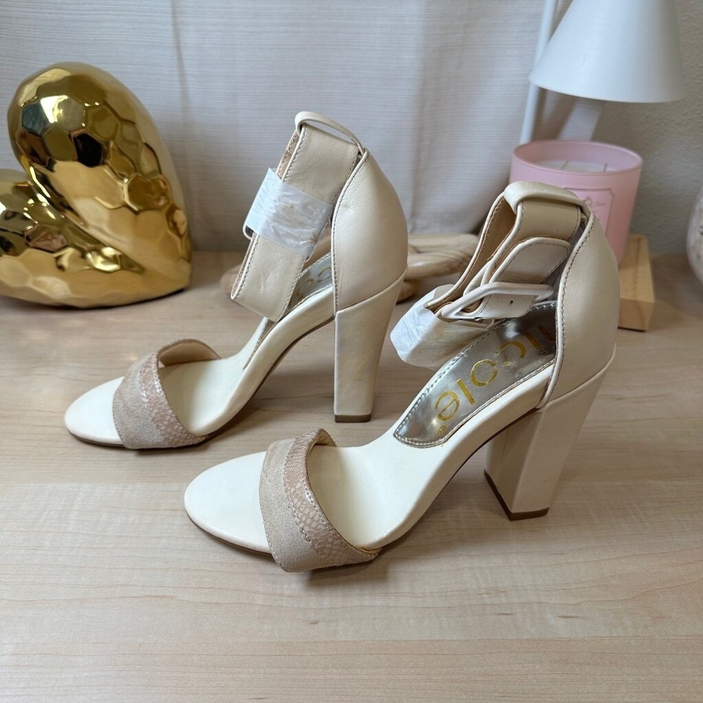 NICOLE Cream Ankle Strap Snakeskin Trim Block Heel Sandals‎ 6M
